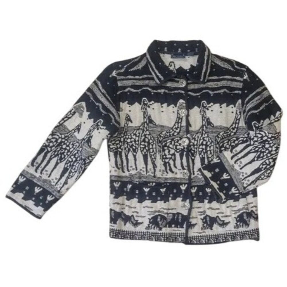 Vintage Jane Ashley Jacket 2X Tribal Black &‎ White Giraffe & Elephant Print